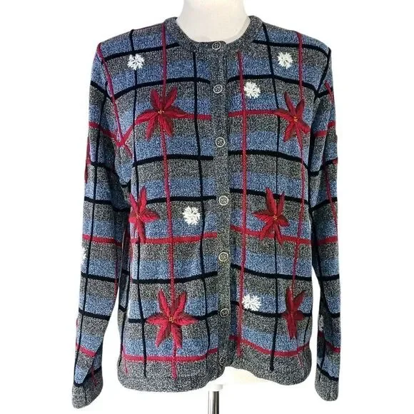 VINTAGE Knit Cardigan Hand Embroidered Holiday Snowflake Gray Red Size L - Picture 1 of 12
